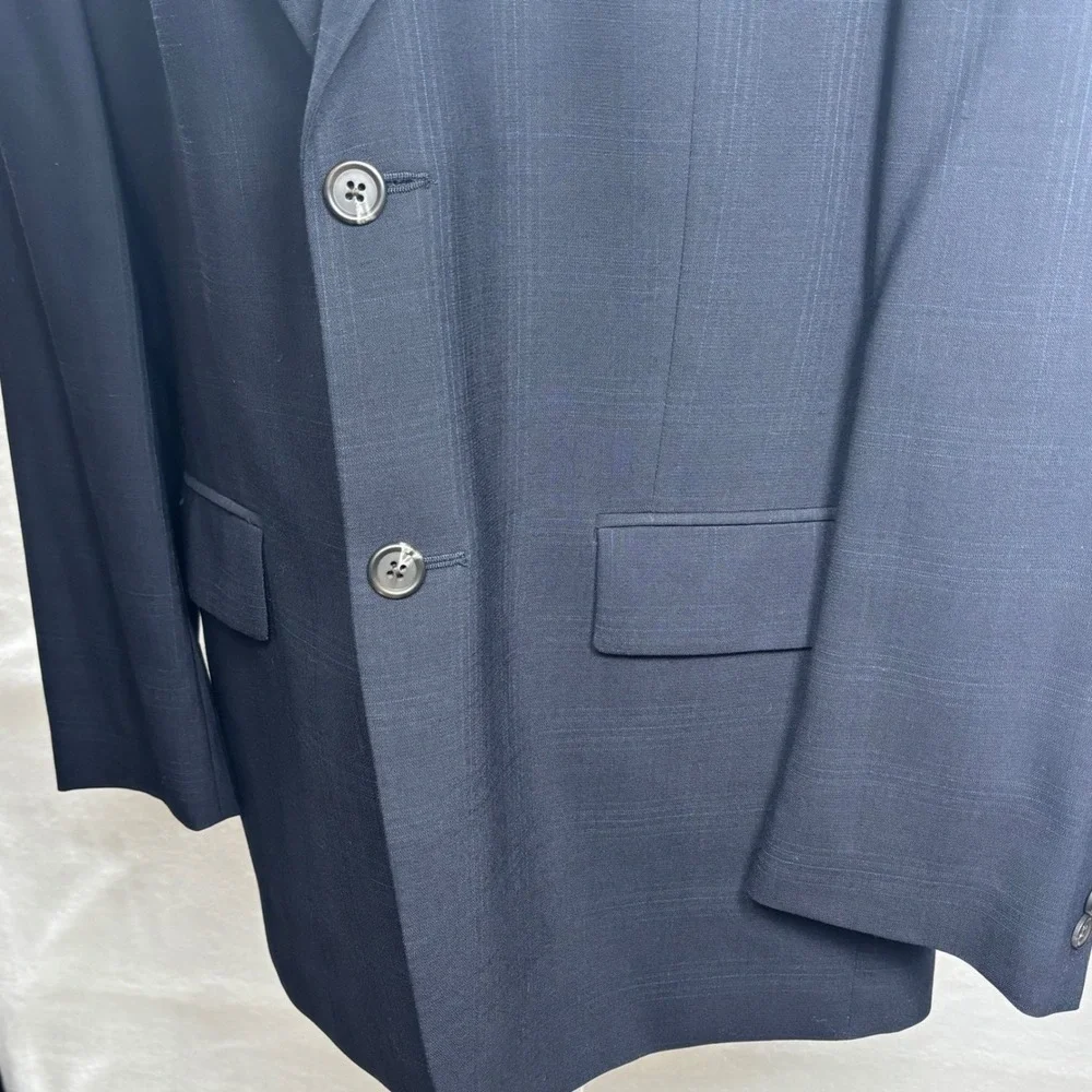 VTG Ralph Lauren Mens Navy Blue 100% Wool 2 Button Suit 44R Windowpane Plaid 90s